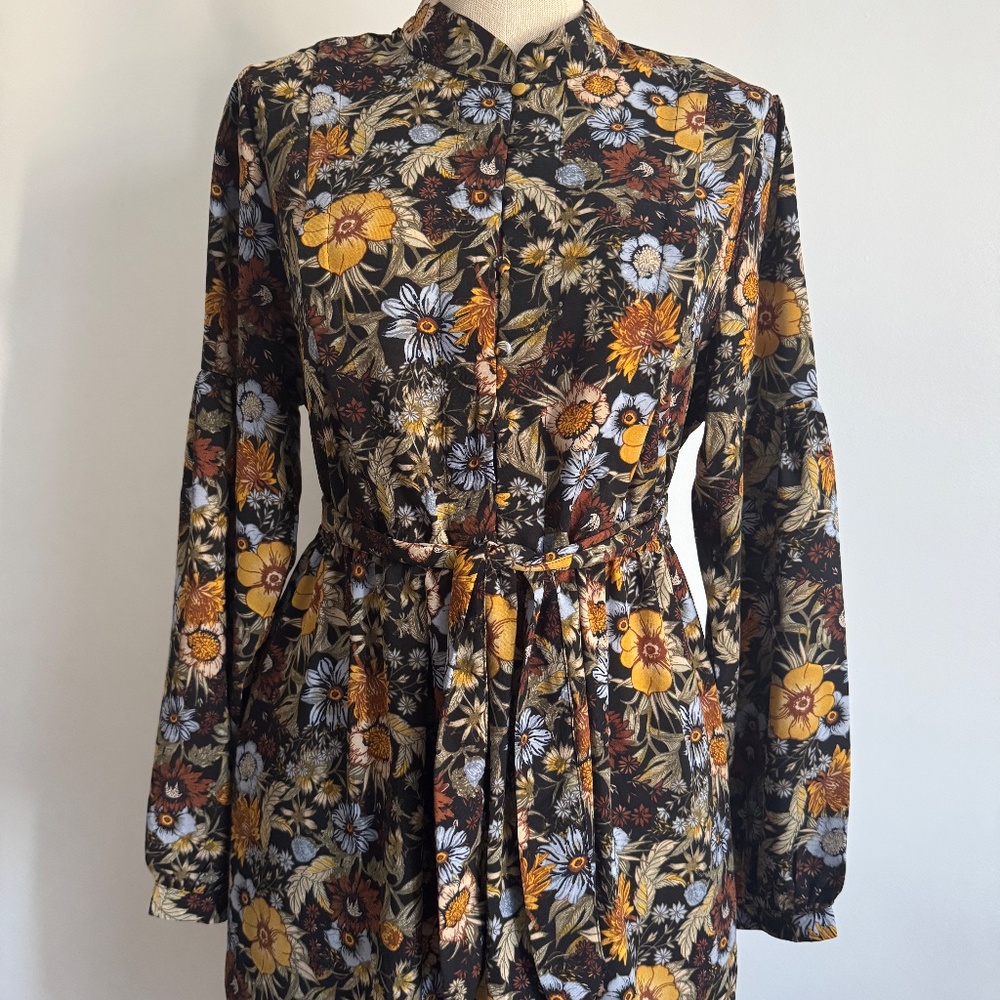Véro - Brown Floral Belted Midi Dress - Picture 3 of 15